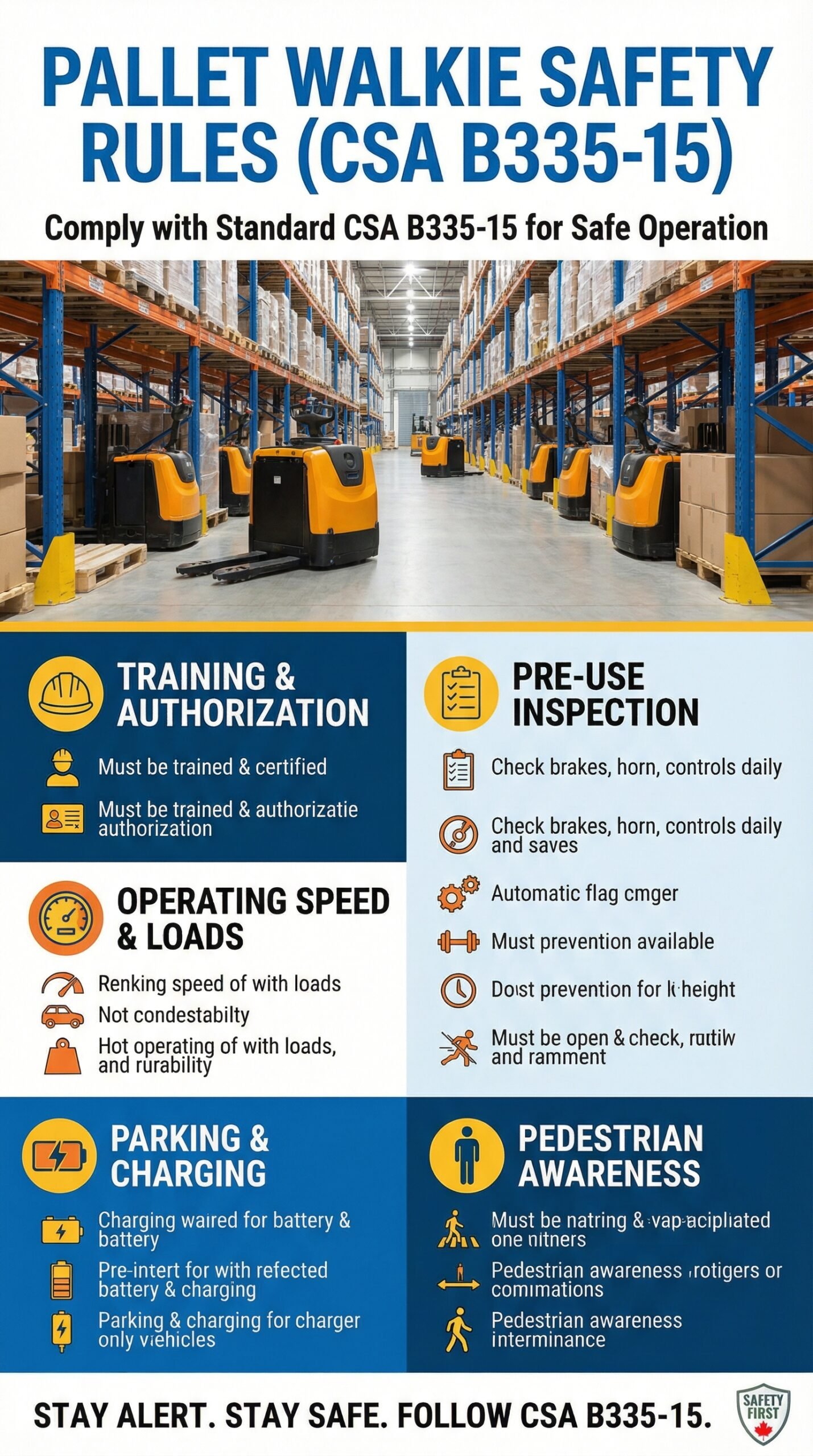 Warehouse Safety Poster for Pallet Walkie Rules Based on CSA B335-15